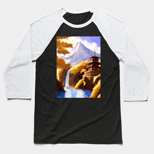 Japan Tower Waterfall Painting Baseball T-Shirt by maxcode